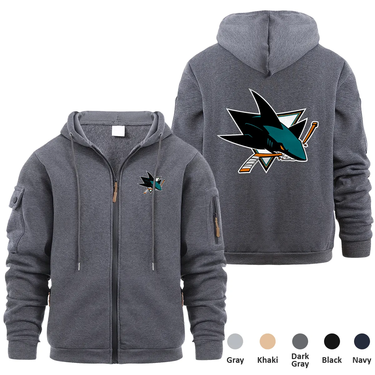 San Jose Sharks NHL Exclusive Logo Full Zipper Sweatshirt Hoodie with Arm Pocket HNT241114SJSFZH - Dark Gray