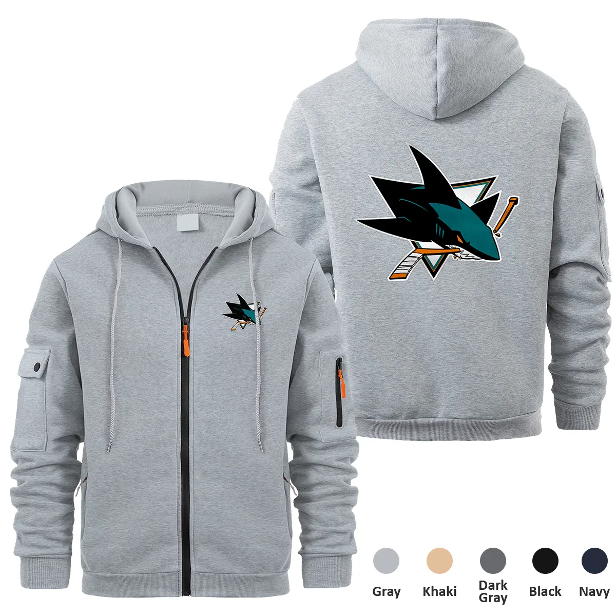 San Jose Sharks NHL Exclusive Logo Full Zipper Sweatshirt Hoodie with Arm Pocket HNT241114SJSFZH - Gray