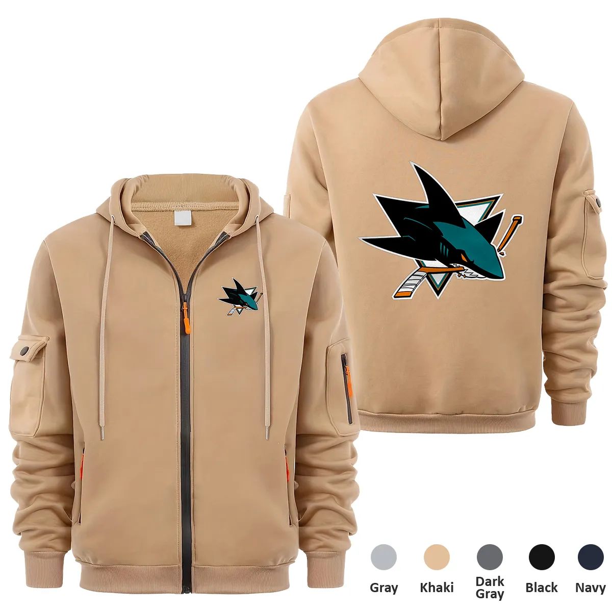 San Jose Sharks NHL Exclusive Logo Full Zipper Sweatshirt Hoodie with Arm Pocket HNT241114SJSFZH - Khaki