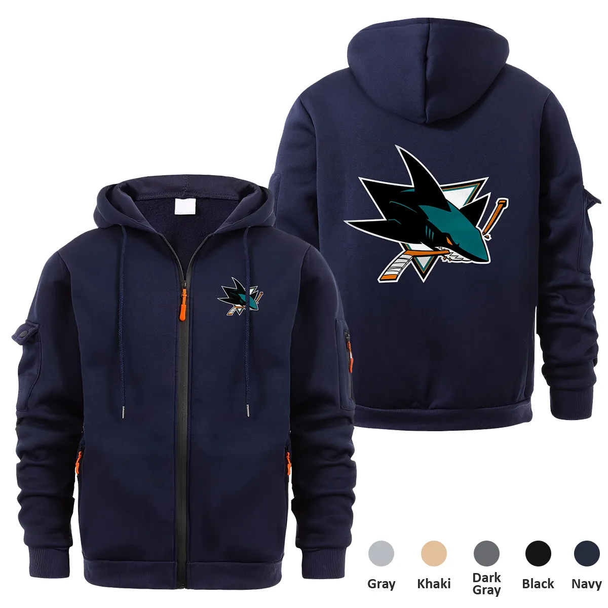 San Jose Sharks NHL Exclusive Logo Full Zipper Sweatshirt Hoodie with Arm Pocket HNT241114SJSFZH - Navy