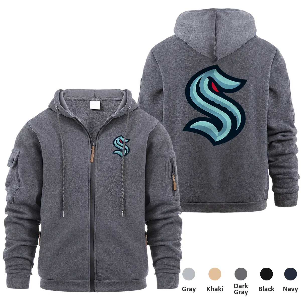 Seattle Kraken NHL Exclusive Logo Full Zipper Sweatshirt Hoodie with Arm Pocket HNT241114SKFZH - Dark Gray