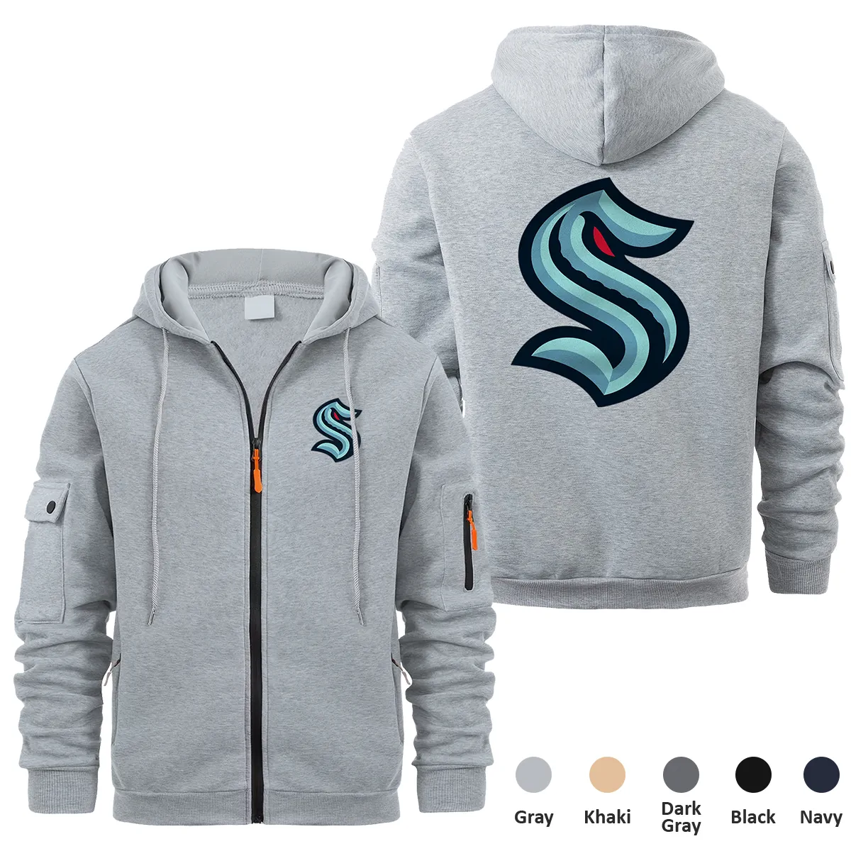 Seattle Kraken NHL Exclusive Logo Full Zipper Sweatshirt Hoodie with Arm Pocket HNT241114SKFZH - Gray