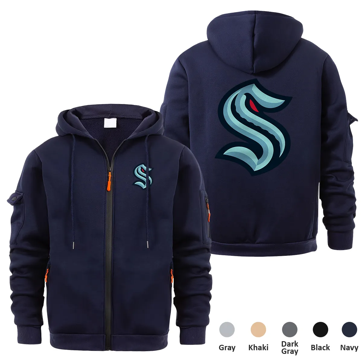 Seattle Kraken NHL Exclusive Logo Full Zipper Sweatshirt Hoodie with Arm Pocket HNT241114SKFZH - Navy