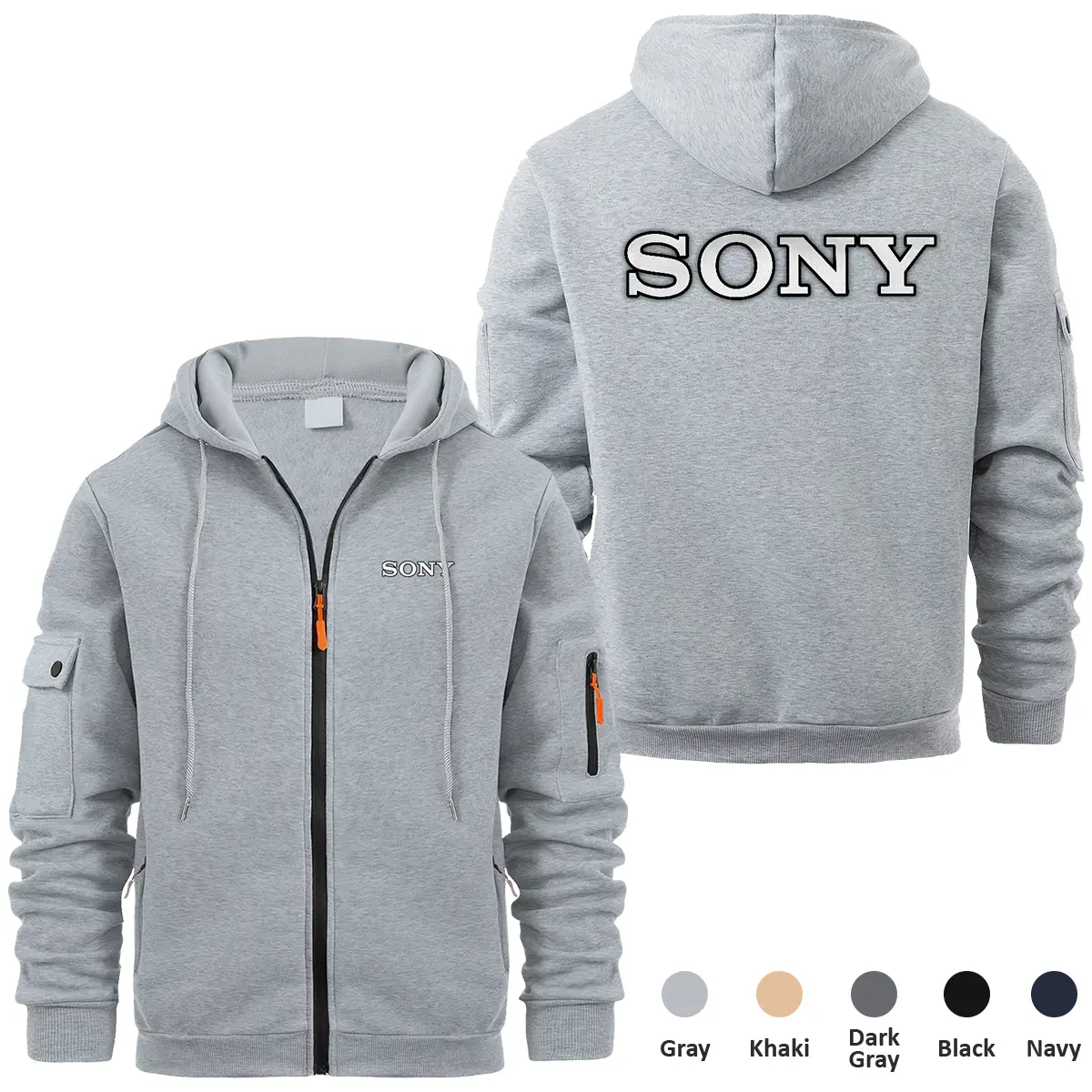 Sony Photography Videography Exclusive Logo Velvet Full Zipper Sweatshirt Hoodie with Arm Pocket - Gray HNT241114ASNFZH