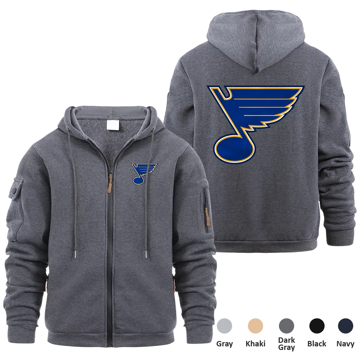 St. Louis Blues NHL Exclusive Logo Full Zipper Sweatshirt Hoodie with Arm Pocket HNT241114SLBFZH - Dark Gray