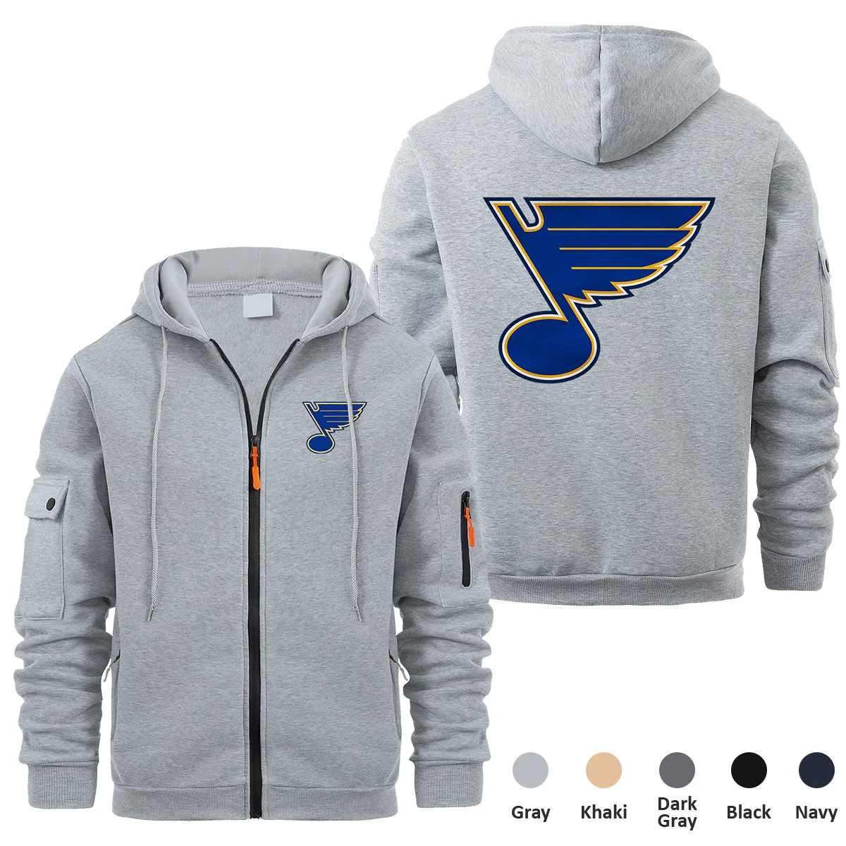 St. Louis Blues NHL Exclusive Logo Full Zipper Sweatshirt Hoodie with Arm Pocket HNT241114SLBFZH - Gray