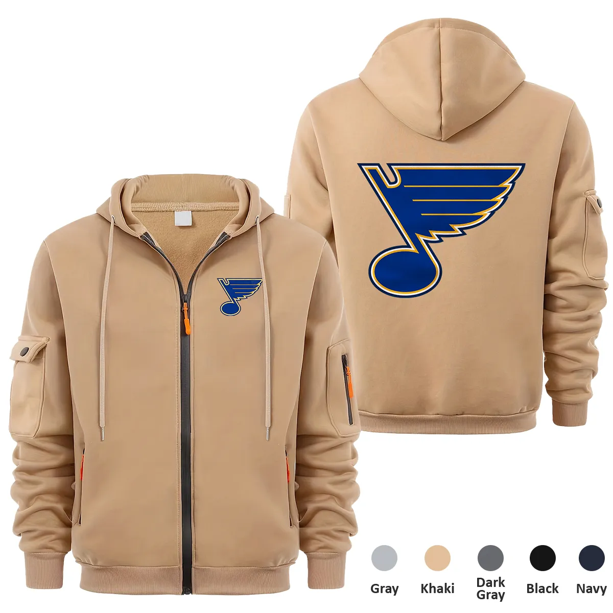 St. Louis Blues NHL Exclusive Logo Full Zipper Sweatshirt Hoodie with Arm Pocket HNT241114SLBFZH - Khaki