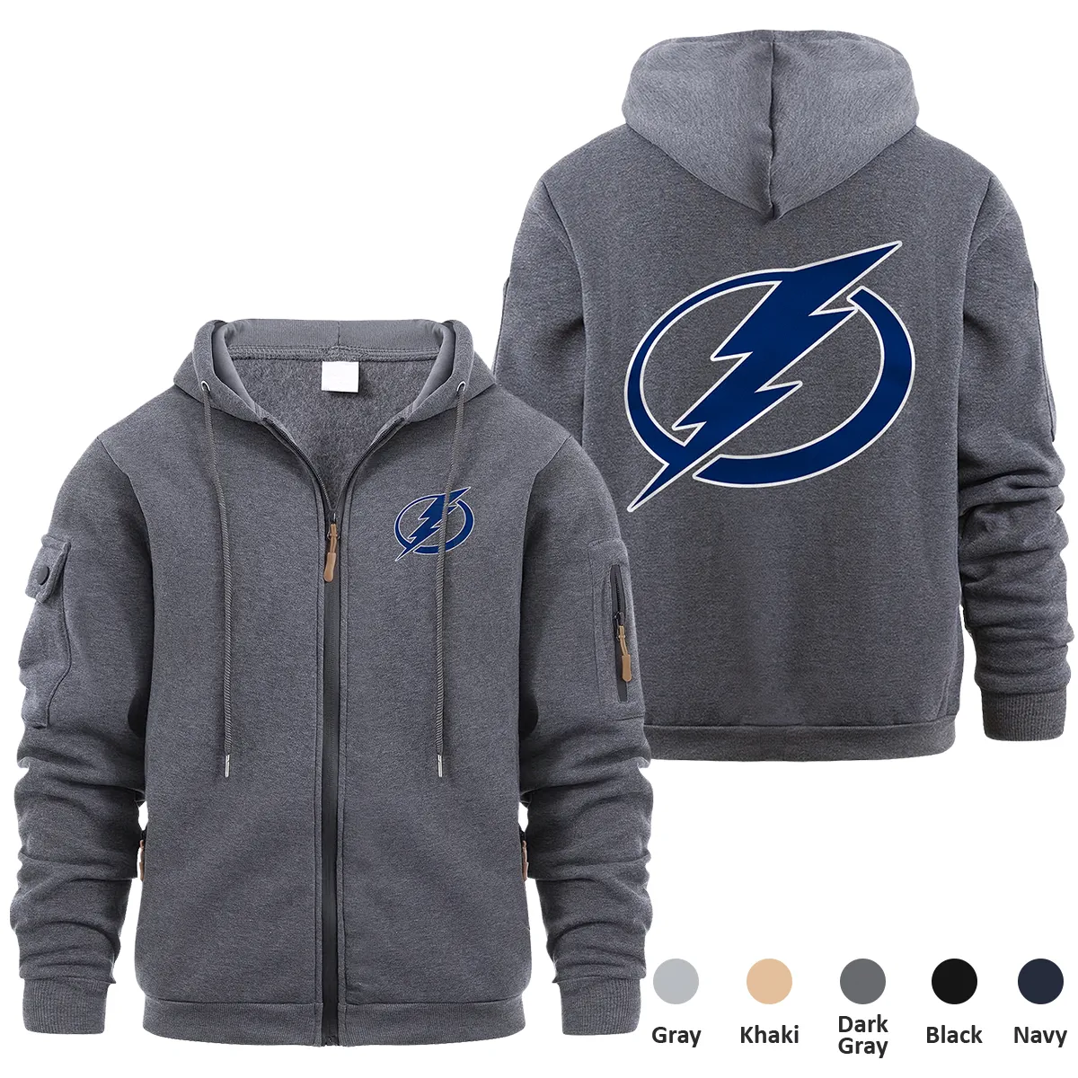 Tampa Bay Lightning NHL Exclusive Logo Full Zipper Sweatshirt Hoodie with Arm Pocket HNT241114TBLFZH - Dark Gray