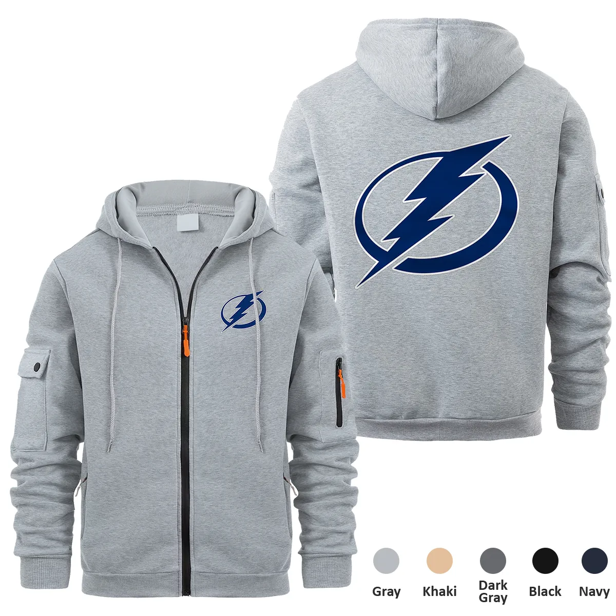 Tampa Bay Lightning NHL Exclusive Logo Full Zipper Sweatshirt Hoodie with Arm Pocket HNT241114TBLFZH - Gray