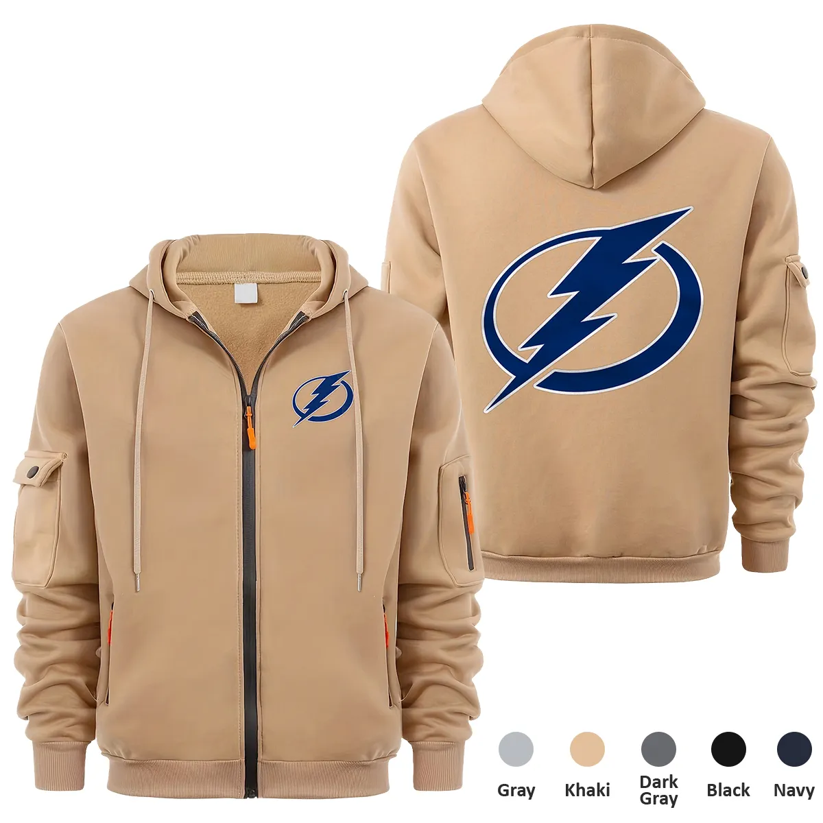 Tampa Bay Lightning NHL Exclusive Logo Full Zipper Sweatshirt Hoodie with Arm Pocket HNT241114TBLFZH - Khaki