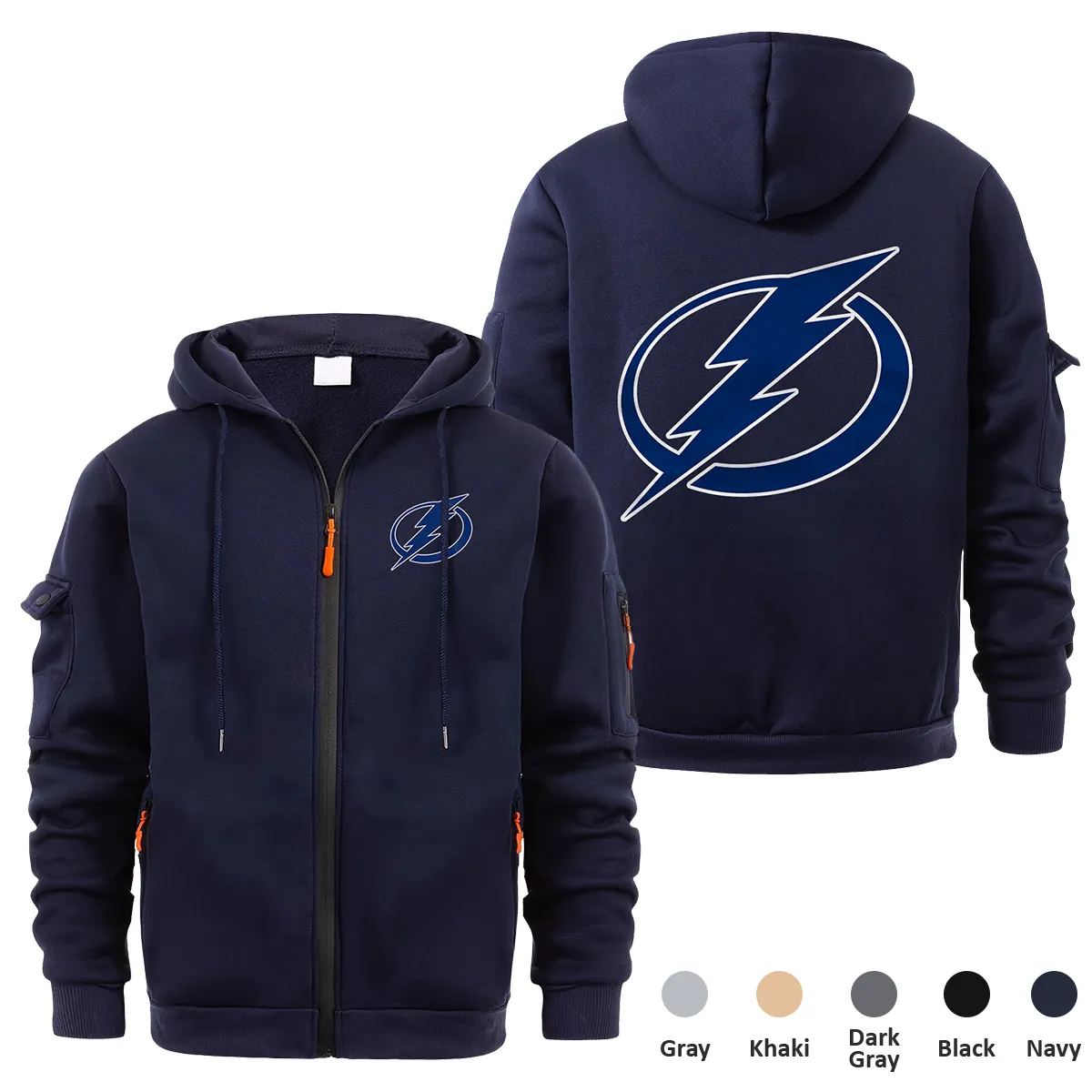 Tampa Bay Lightning NHL Exclusive Logo Full Zipper Sweatshirt Hoodie with Arm Pocket HNT241114TBLFZH - Navy