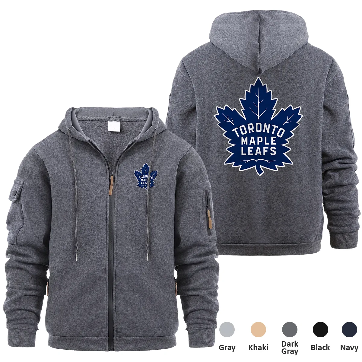 Toronto Maple Leafs NHL Exclusive Logo Full Zipper Sweatshirt Hoodie with Arm Pocket HNT241114TMLFZH - Dark Gray