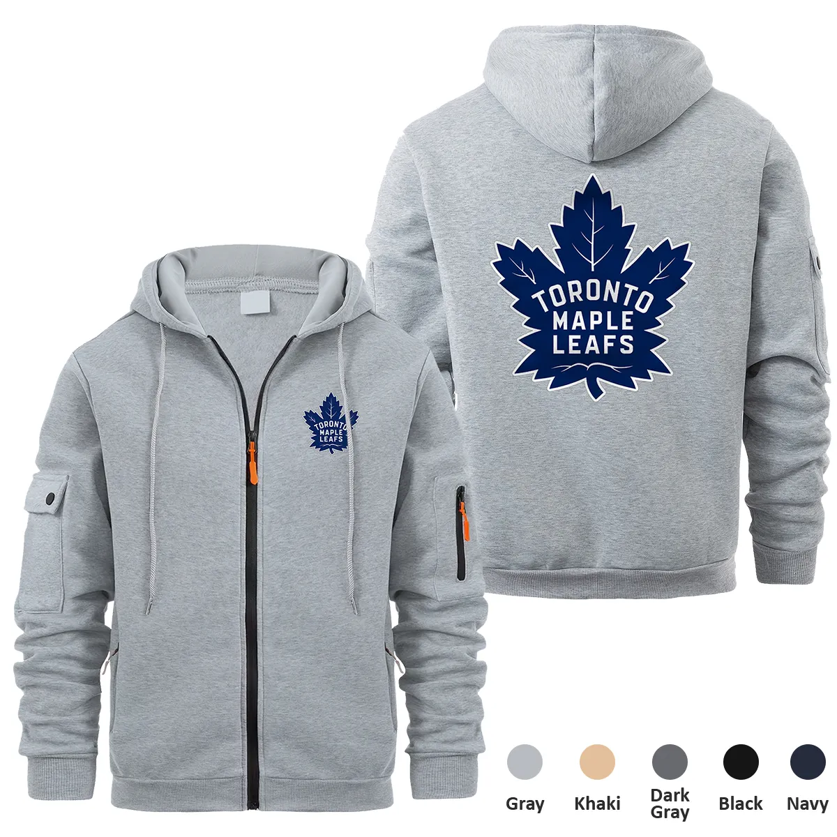 Toronto Maple Leafs NHL Exclusive Logo Full Zipper Sweatshirt Hoodie with Arm Pocket HNT241114TMLFZH - Gray