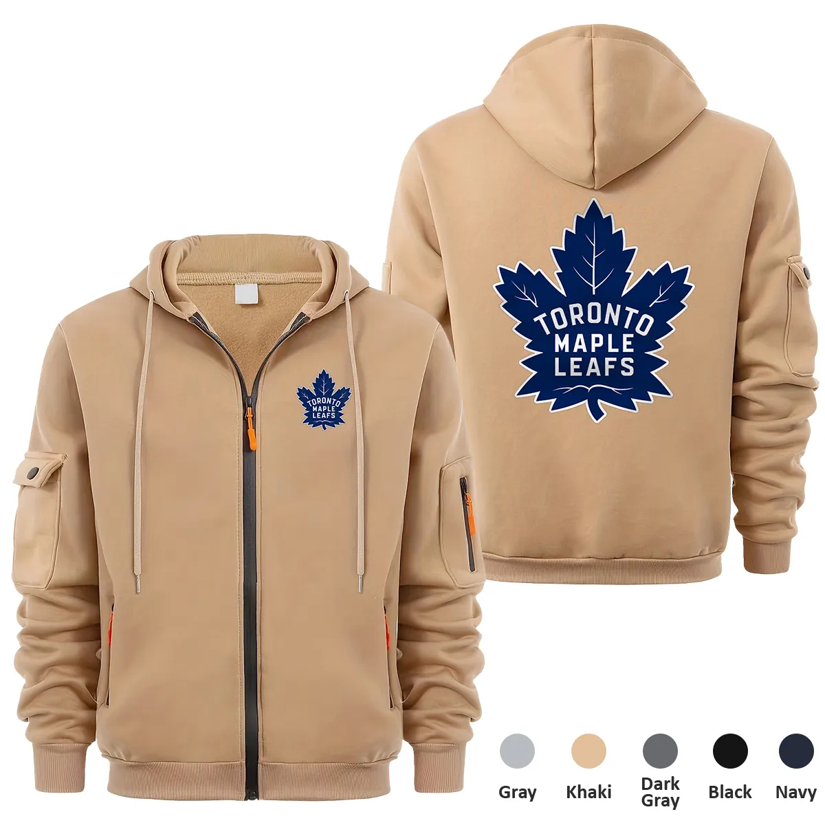 Toronto Maple Leafs NHL Exclusive Logo Full Zipper Sweatshirt Hoodie with Arm Pocket HNT241114TMLFZH - Khaki