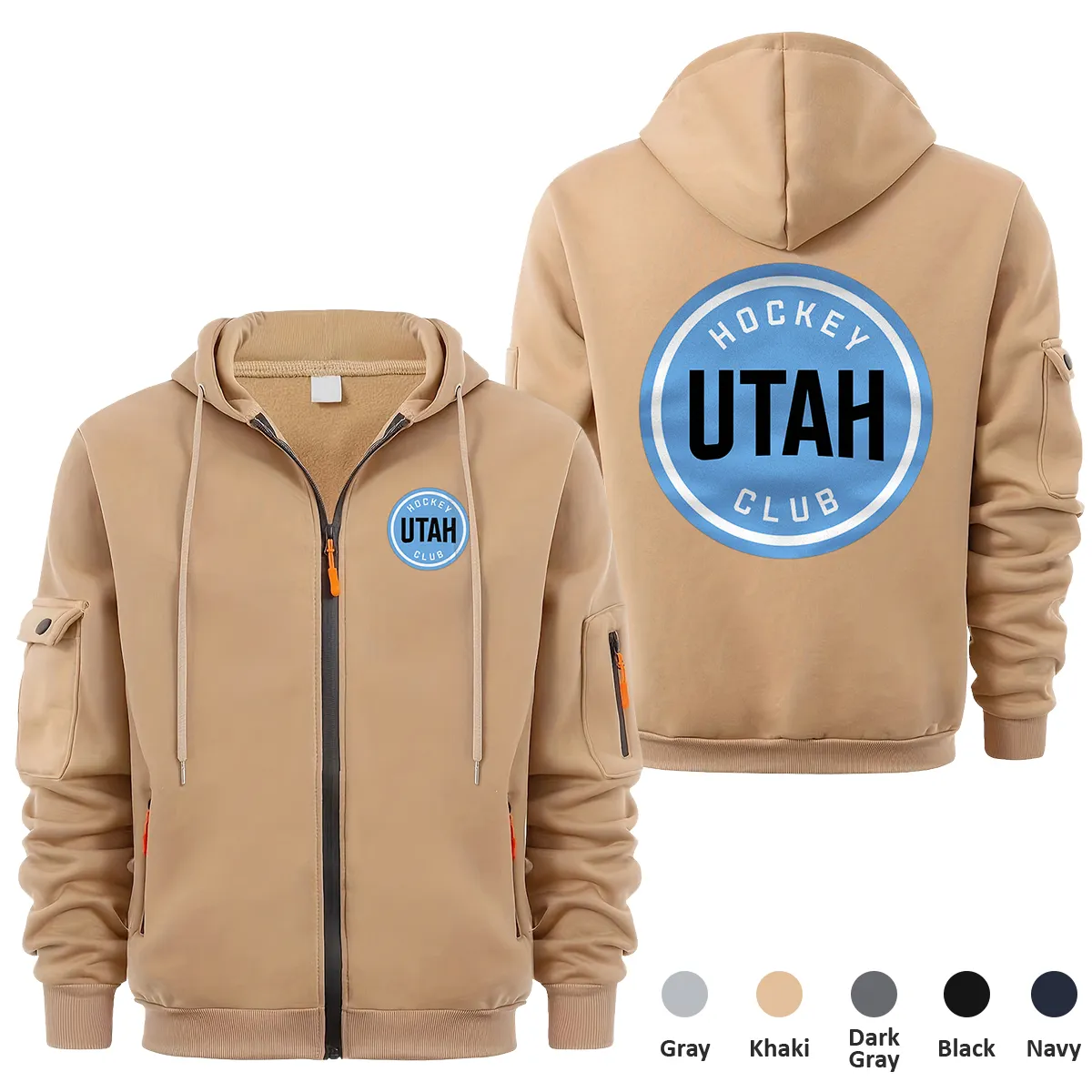 Utah Hockey Club NHL Exclusive Logo Full Zipper Sweatshirt Hoodie with Arm Pocket HNT241114UHCFZH - Khaki