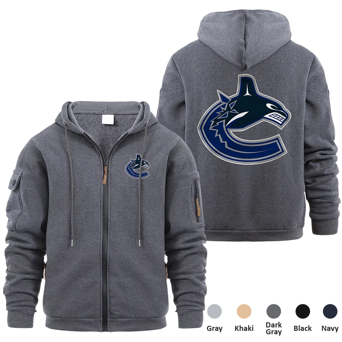 Vancouver Canucks NHL Exclusive Logo Full Zipper Sweatshirt Hoodie with Arm Pocket HNT241114VCFZH - Dark Gray