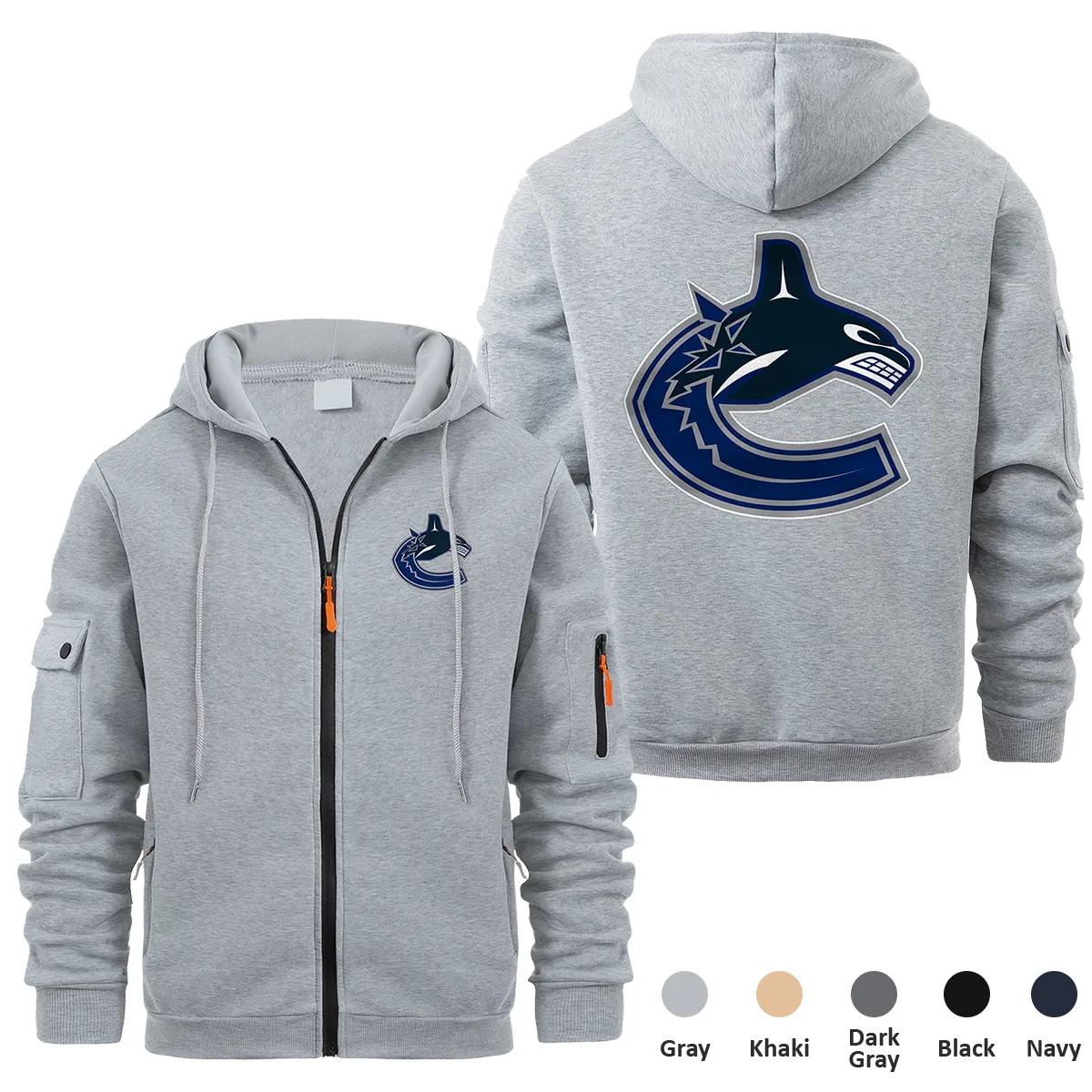 Vancouver Canucks NHL Exclusive Logo Full Zipper Sweatshirt Hoodie with Arm Pocket HNT241114VCFZH - Gray