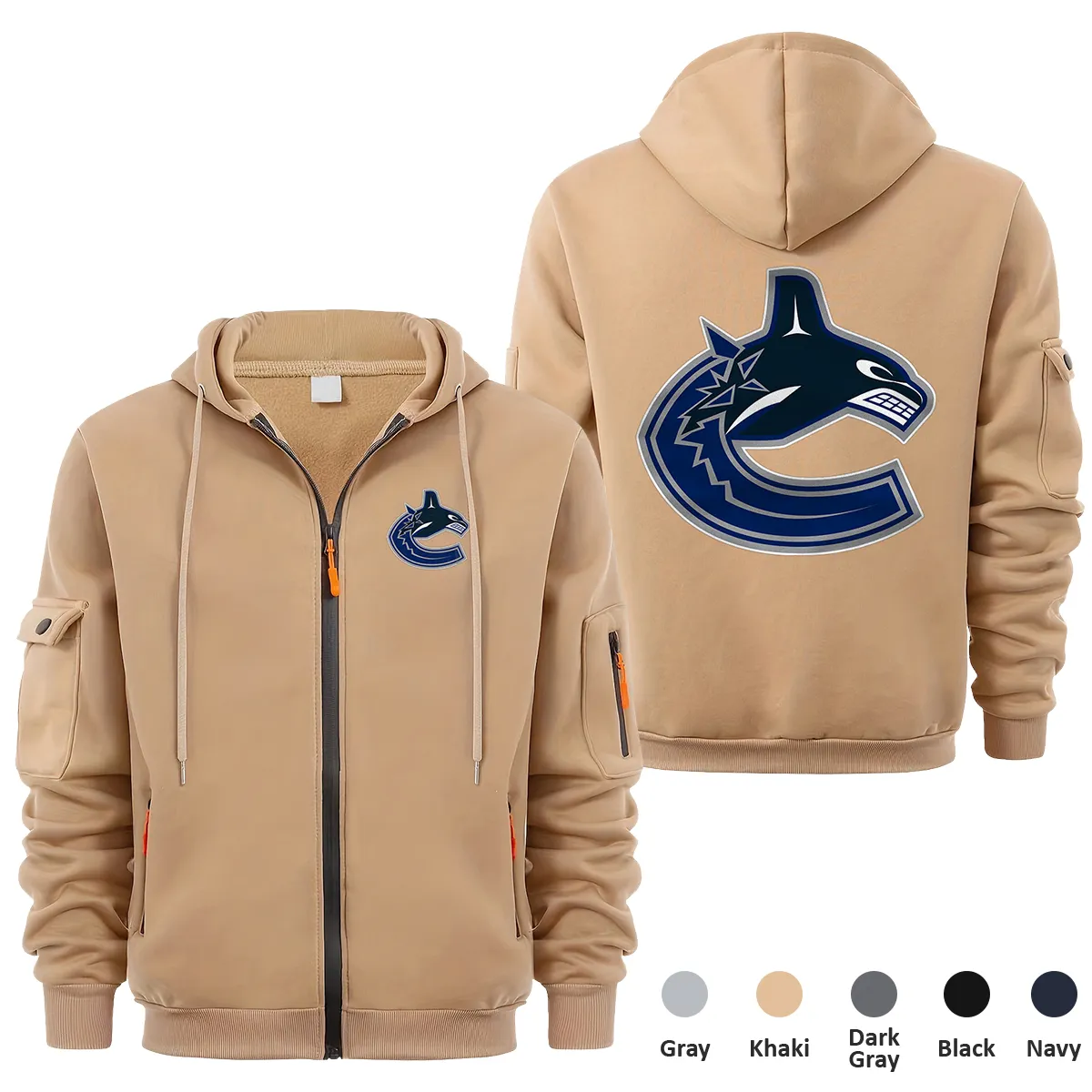 Vancouver Canucks NHL Exclusive Logo Full Zipper Sweatshirt Hoodie with Arm Pocket HNT241114VCFZH - Khaki