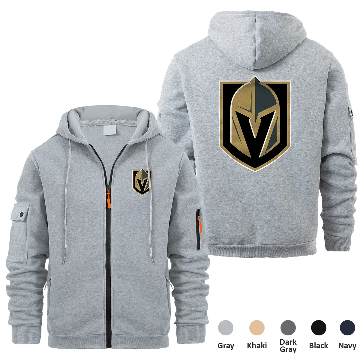 Vegas Golden Knights NHL Exclusive Logo Full Zipper Sweatshirt Hoodie with Arm Pocket HNT241114VGKFZH - Gray