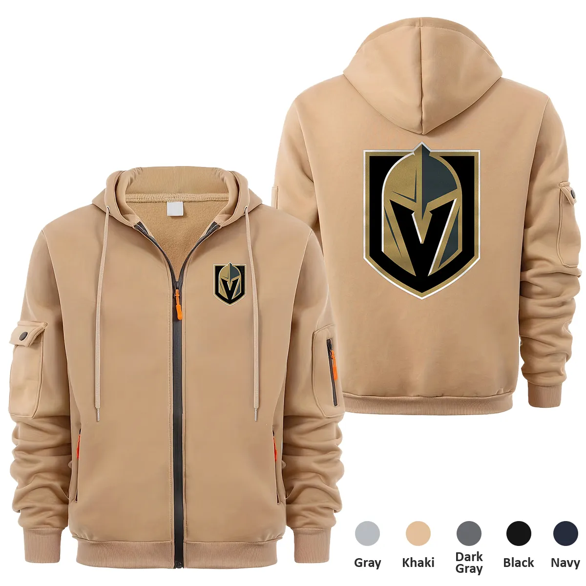 Vegas Golden Knights NHL Exclusive Logo Full Zipper Sweatshirt Hoodie with Arm Pocket HNT241114VGKFZH - Khaki