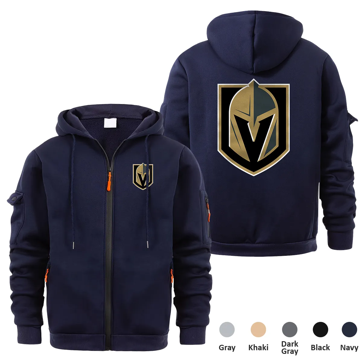 Vegas Golden Knights NHL Exclusive Logo Full Zipper Sweatshirt Hoodie with Arm Pocket HNT241114VGKFZH - Navy