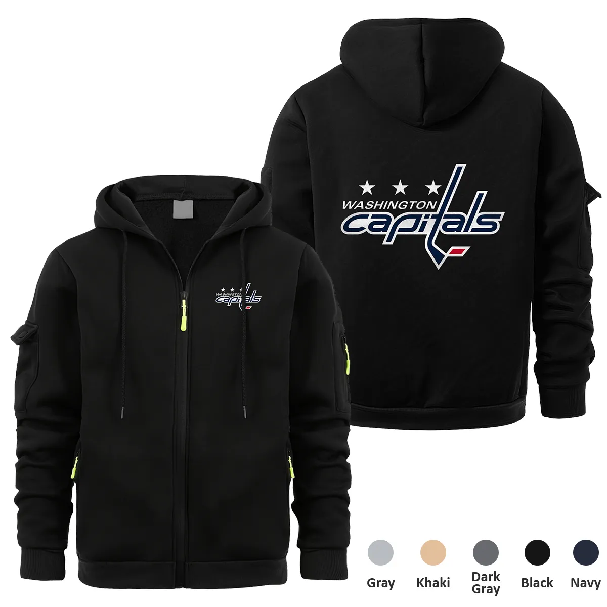 Washington Capitals NHL Exclusive Logo Full Zipper Sweatshirt Hoodie with Arm Pocket HNT241114WCFZH - Black