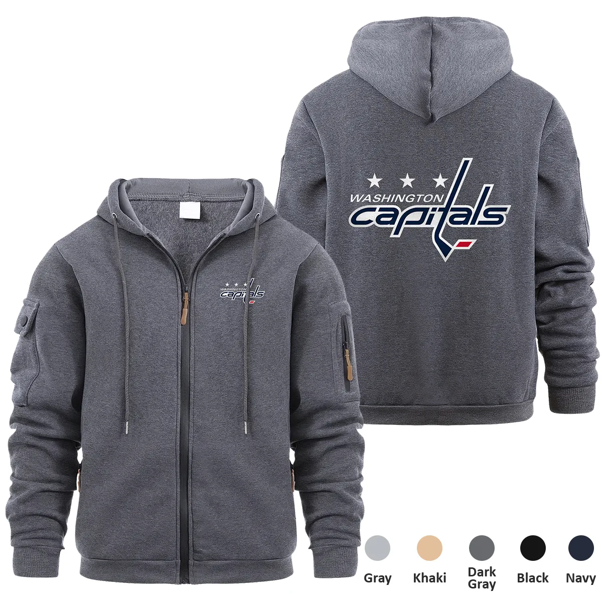 Washington Capitals NHL Exclusive Logo Full Zipper Sweatshirt Hoodie with Arm Pocket HNT241114WCFZH - Dark Gray