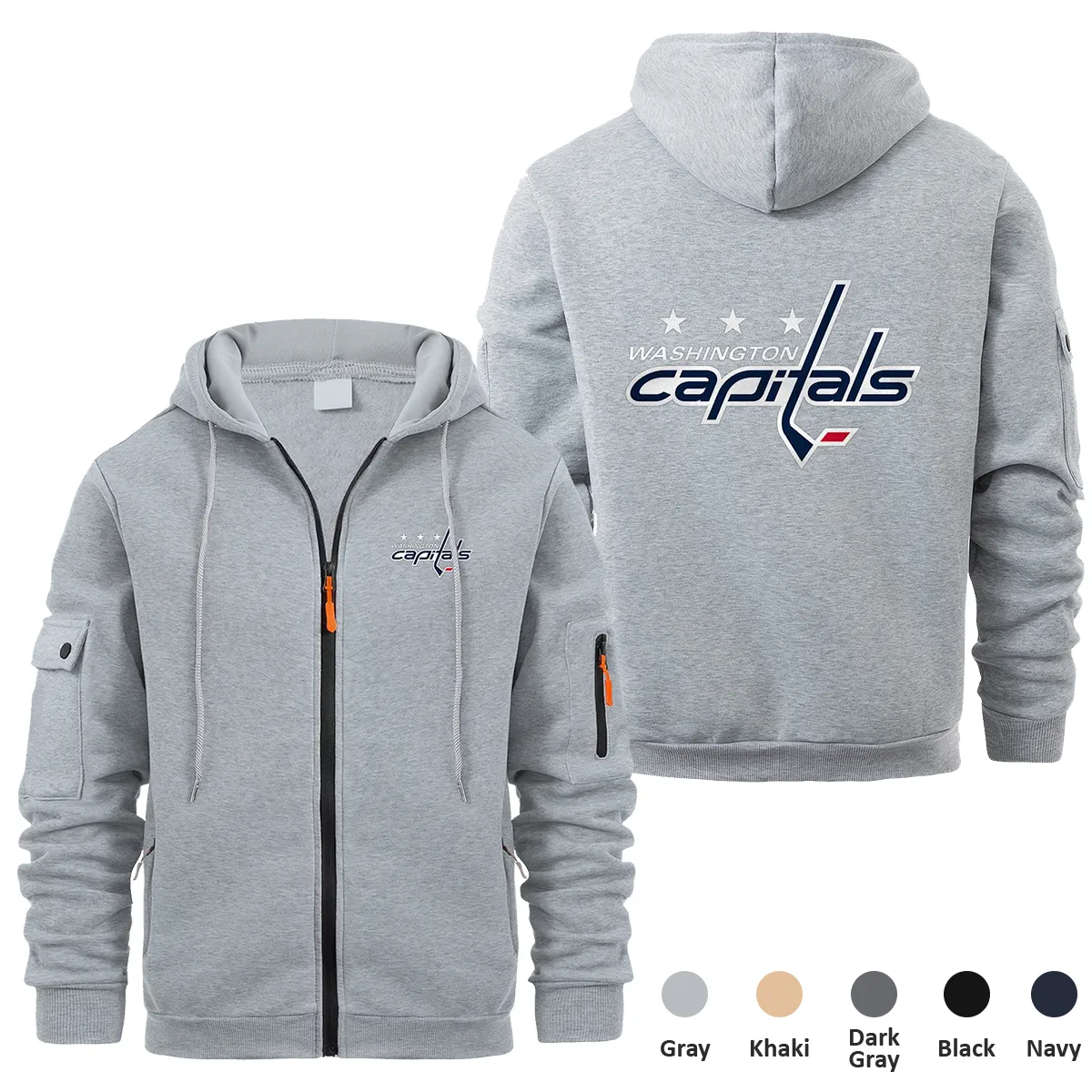 Washington Capitals NHL Exclusive Logo Full Zipper Sweatshirt Hoodie with Arm Pocket HNT241114WCFZH - Gray