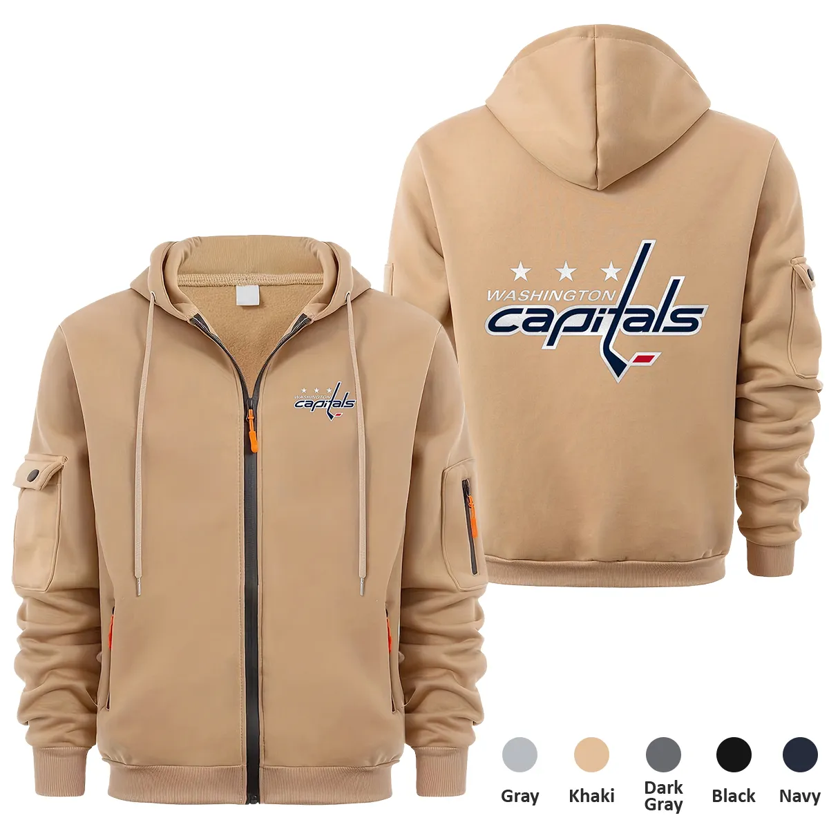 Washington Capitals NHL Exclusive Logo Full Zipper Sweatshirt Hoodie with Arm Pocket HNT241114WCFZH - Khaki