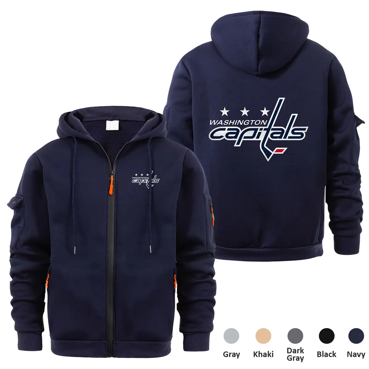 Washington Capitals NHL Exclusive Logo Full Zipper Sweatshirt Hoodie with Arm Pocket HNT241114WCFZH - Navy