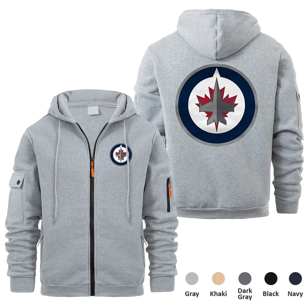 Winnipeg Jets NHL Exclusive Logo Full Zipper Sweatshirt Hoodie with Arm Pocket HNT241114WJFZH - Gray