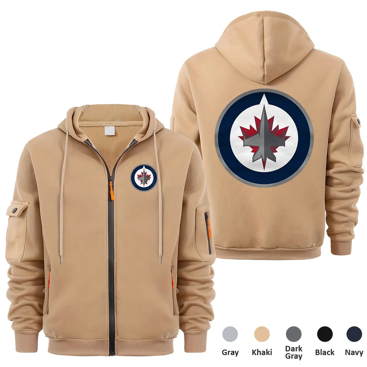 Winnipeg Jets NHL Exclusive Logo Full Zipper Sweatshirt Hoodie with Arm Pocket HNT241114WJFZH - Khaki