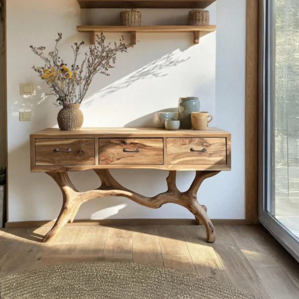 Artisan Console Table with Storage Drawers & Sculptural Base