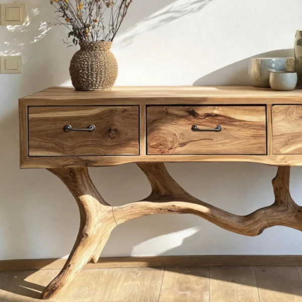 Artisan Console Table with Storage Drawers & Sculptural Base
