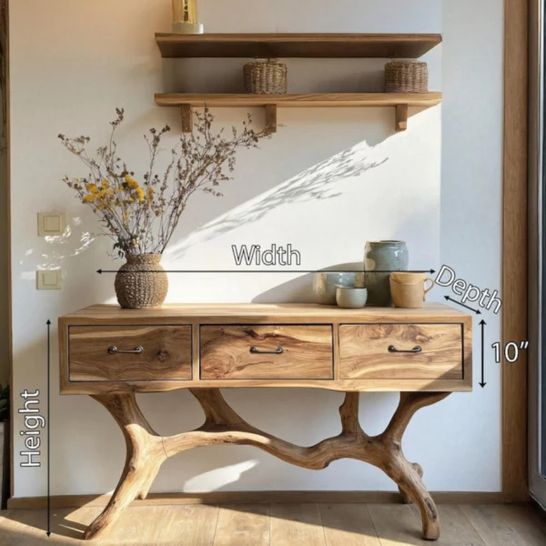 Artisan Console Table with Storage Drawers & Sculptural Base