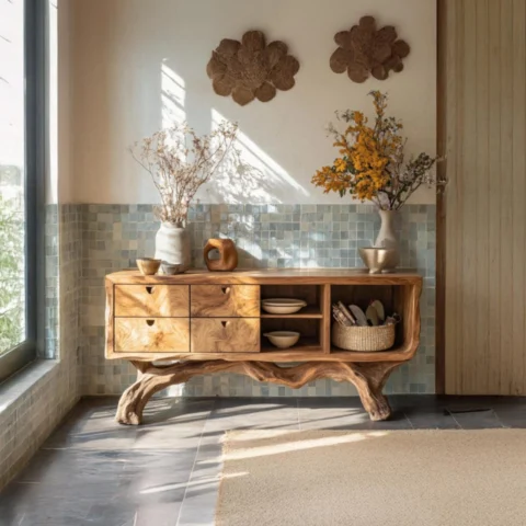 Artisan-Crafted Sculptural Console Table with Drawer & Shelf Storage