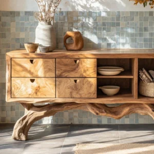 Artisan-Crafted Sculptural Console Table with Drawer & Shelf Storage2