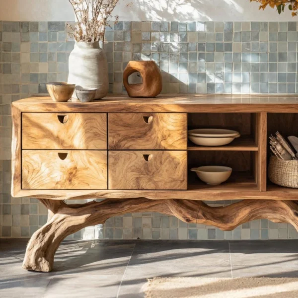 Artisan-Crafted Sculptural Console Table with Drawer & Shelf Storage