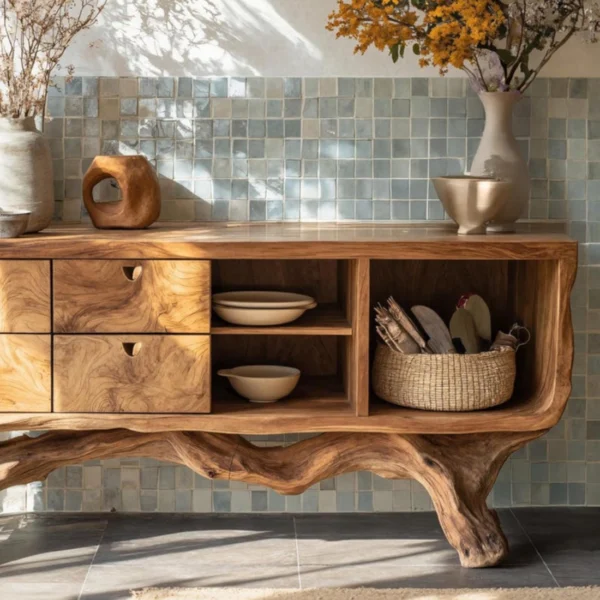 Artisan-Crafted Sculptural Console Table with Drawer & Shelf Storage