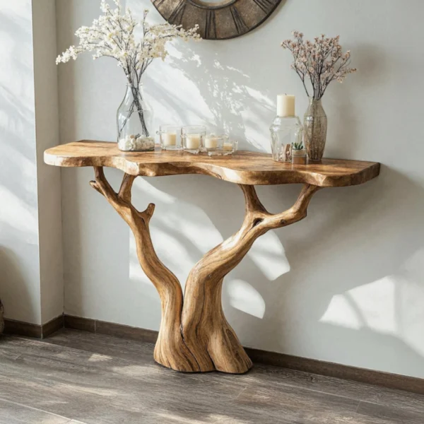Exclusive Sculptural Console Table with Tree-Trunk Base