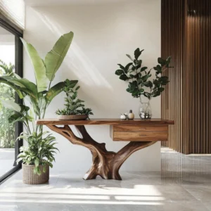 Handcrafted Console Table with Organic Form & Storage - Rooted Design