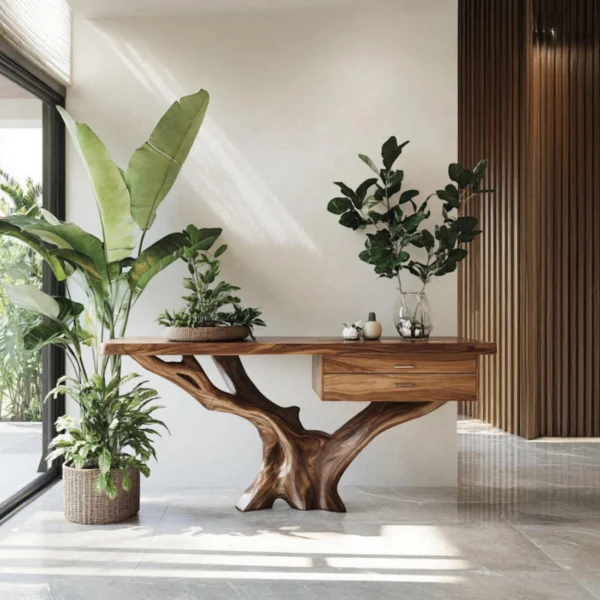 Handcrafted Console Table with Organic Form & Storage - Rooted Design