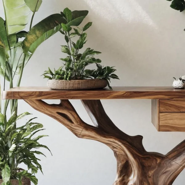 Handcrafted Console Table with Organic Form & Storage - Rooted Design