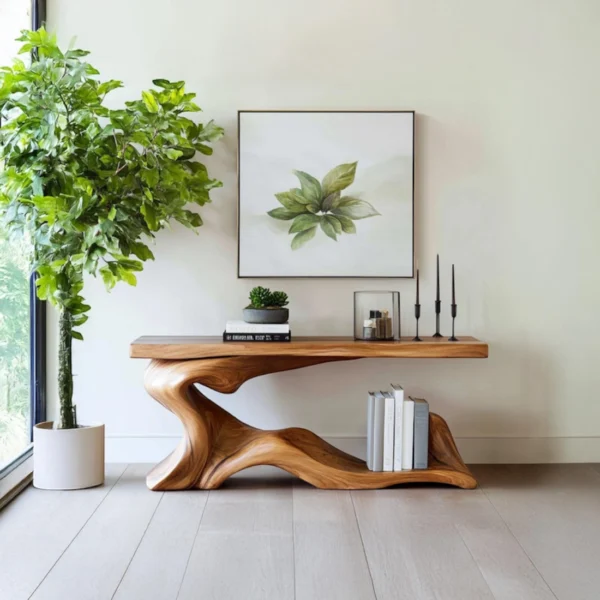Handcrafted Natural Wood Console Table - Freestanding Tree-Trunk Base Vanity