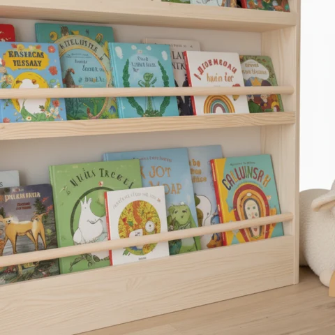Slim Solid Pine Montessori Wall Bookshelf2