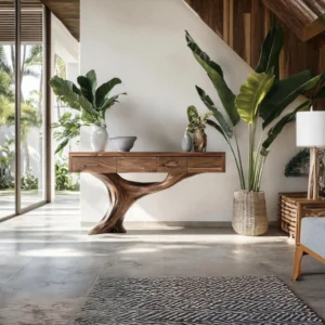 Solid Wood Console Table - Hand-Carved Organic Artistry