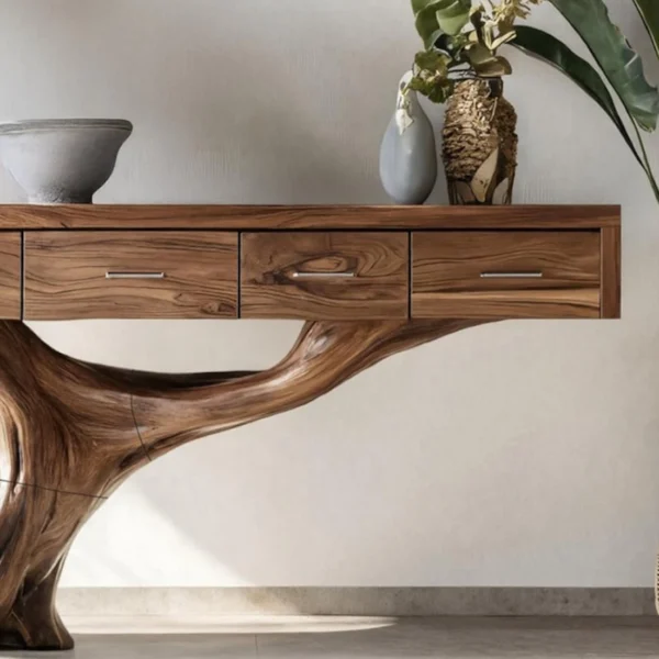 Solid Wood Console Table - Hand-Carved Organic Artistry
