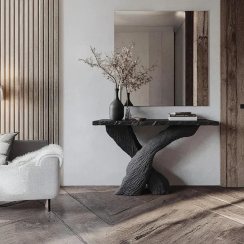 The Volcanic Abyss Console Table - A Sculptural Statement in Textured Wood