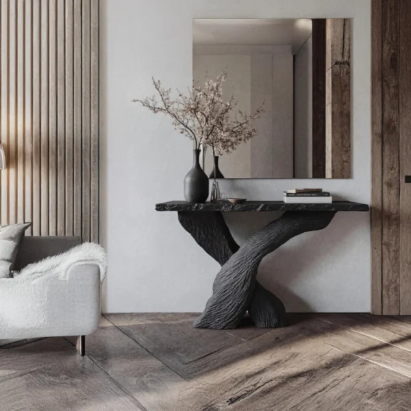 The Volcanic Abyss Console Table - A Sculptural Statement in Textured Wood