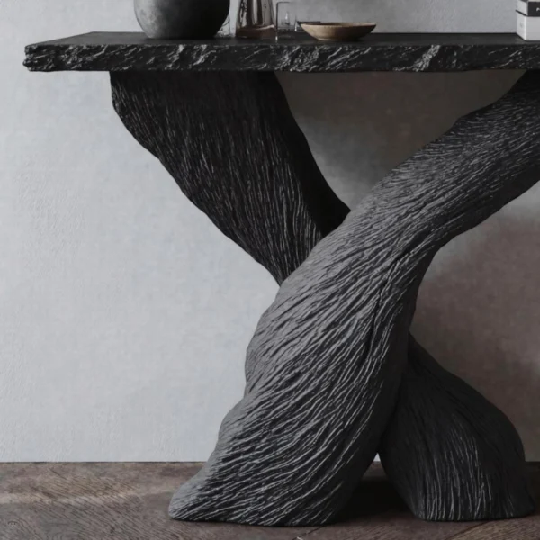 The Volcanic Abyss Console Table - A Sculptural Statement in Textured Wood
